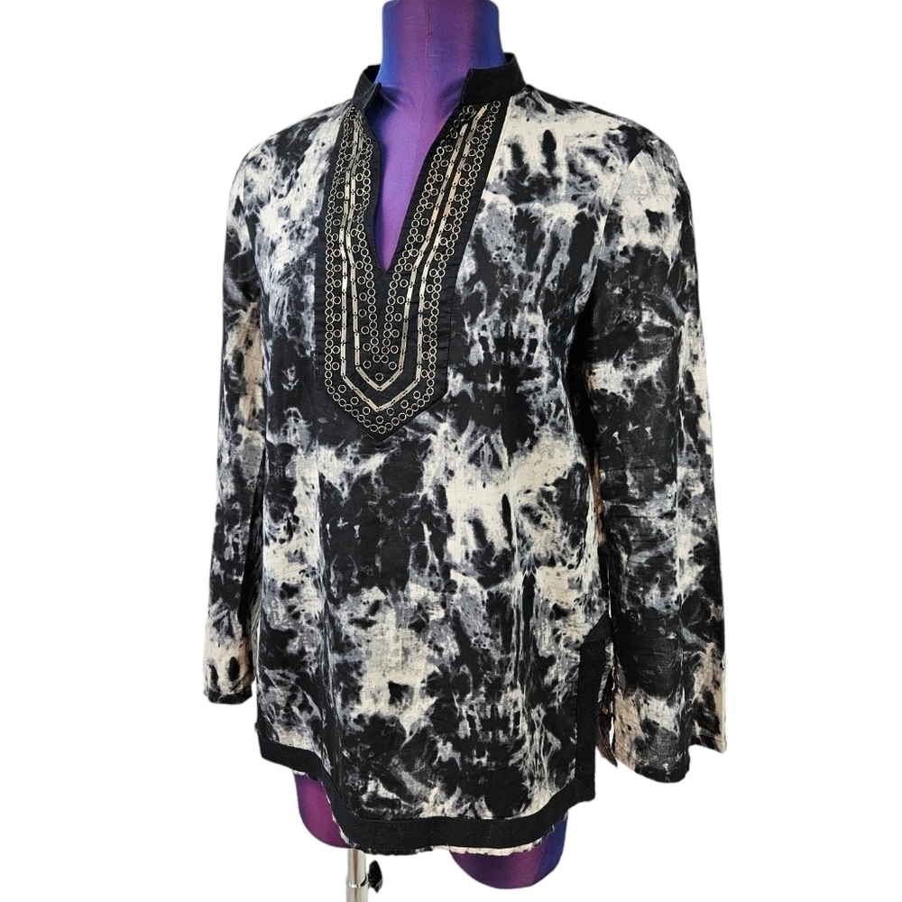 Michael Kors Black & White Tie Dye Tunic Top‎ Embellished V-Neck Medium Petite